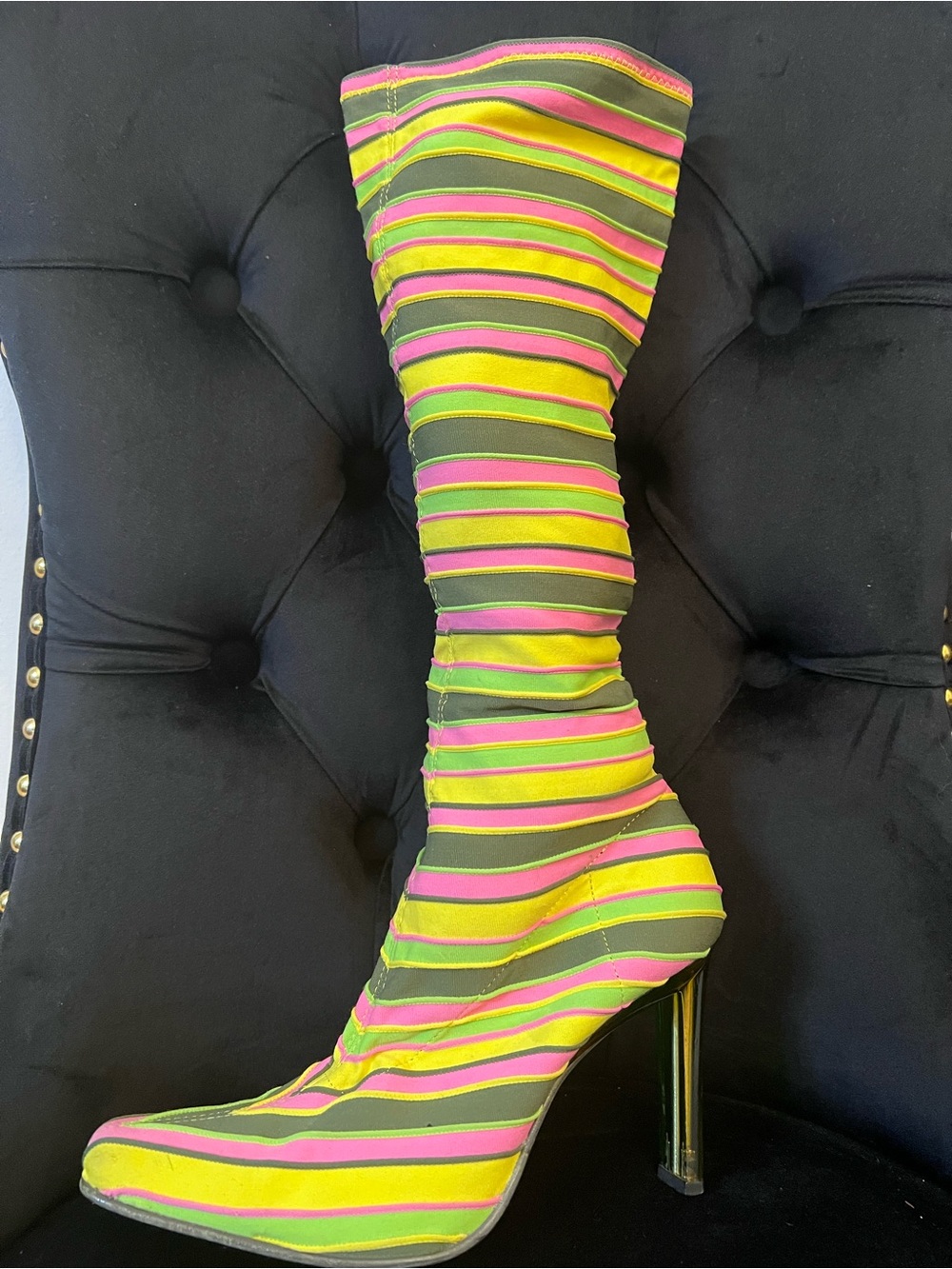 Casadei Neon Green Pink Knee-High Stretch Boot Lucite Green Heel
